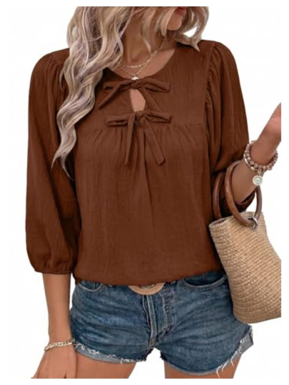 Womens 3/4 Sleeve Bow Tie Babydoll Blouse Loose Dressy Casual Top